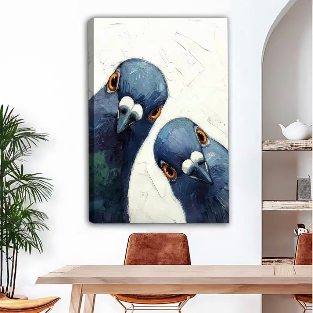 Two blue pigeons face-to-face gallery wrap canvas – frameless impasto oil painting wall art in boho dining room