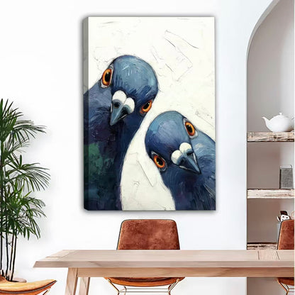 Two blue pigeons face-to-face gallery wrap canvas – frameless impasto oil painting wall art in boho dining room