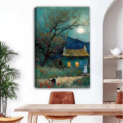 Girl and black cat moonlit cottage canvas wall art, frameless gallery wrap, impressionist teal night painting with thatched roof cottage and red poppy garden, hung in a bright dining room with indoor plants