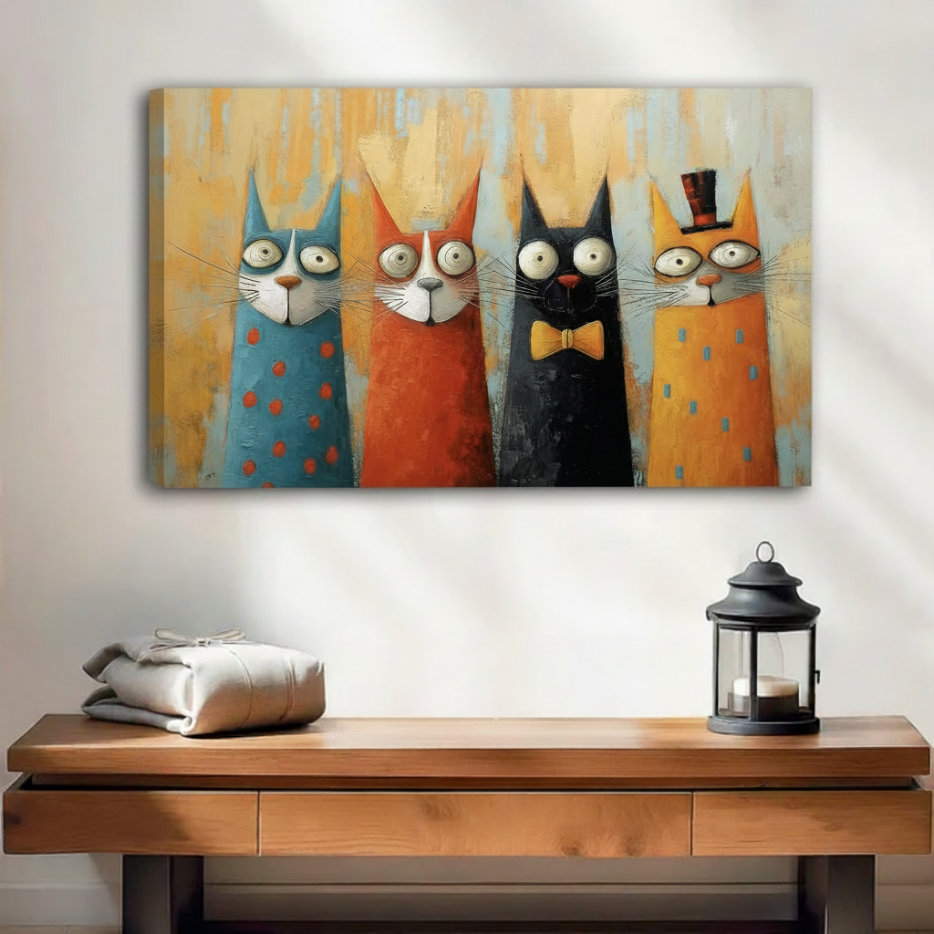 Funny whimsical cat wall art in black floating frame above entryway console