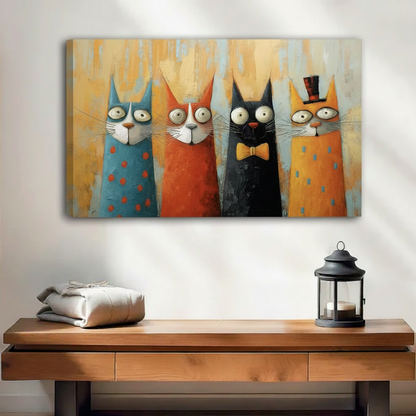 Funny whimsical cat wall art in black floating frame above entryway console