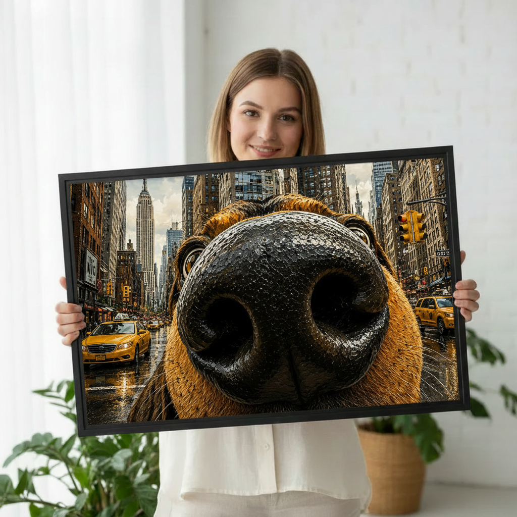 Woman holding big nose dog New York City framed wall art print, funny urban dog lover canvas
