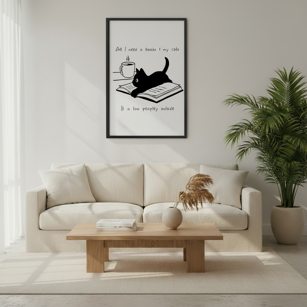 Humorous cat and books quote canvas art, minimalist black and white wall print