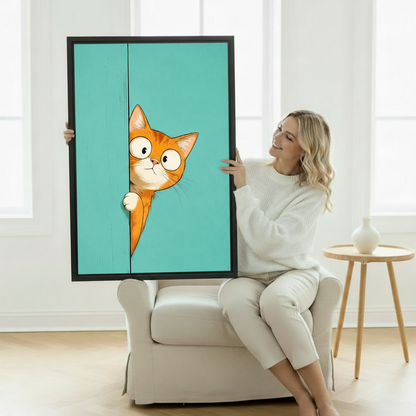 Cartoon cat canvas print displayed above wooden desk in home office