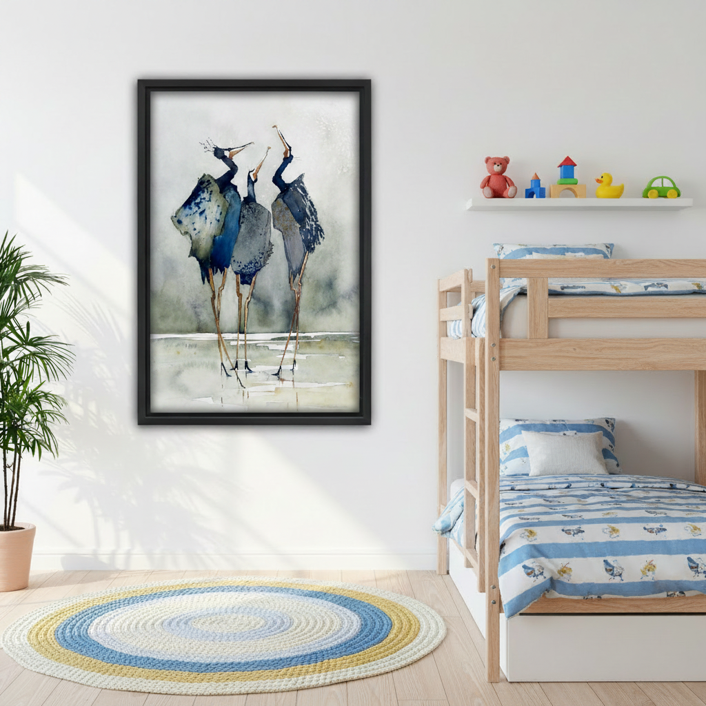 Woman holding watercolor heron framed canvas wall art print in minimal white room