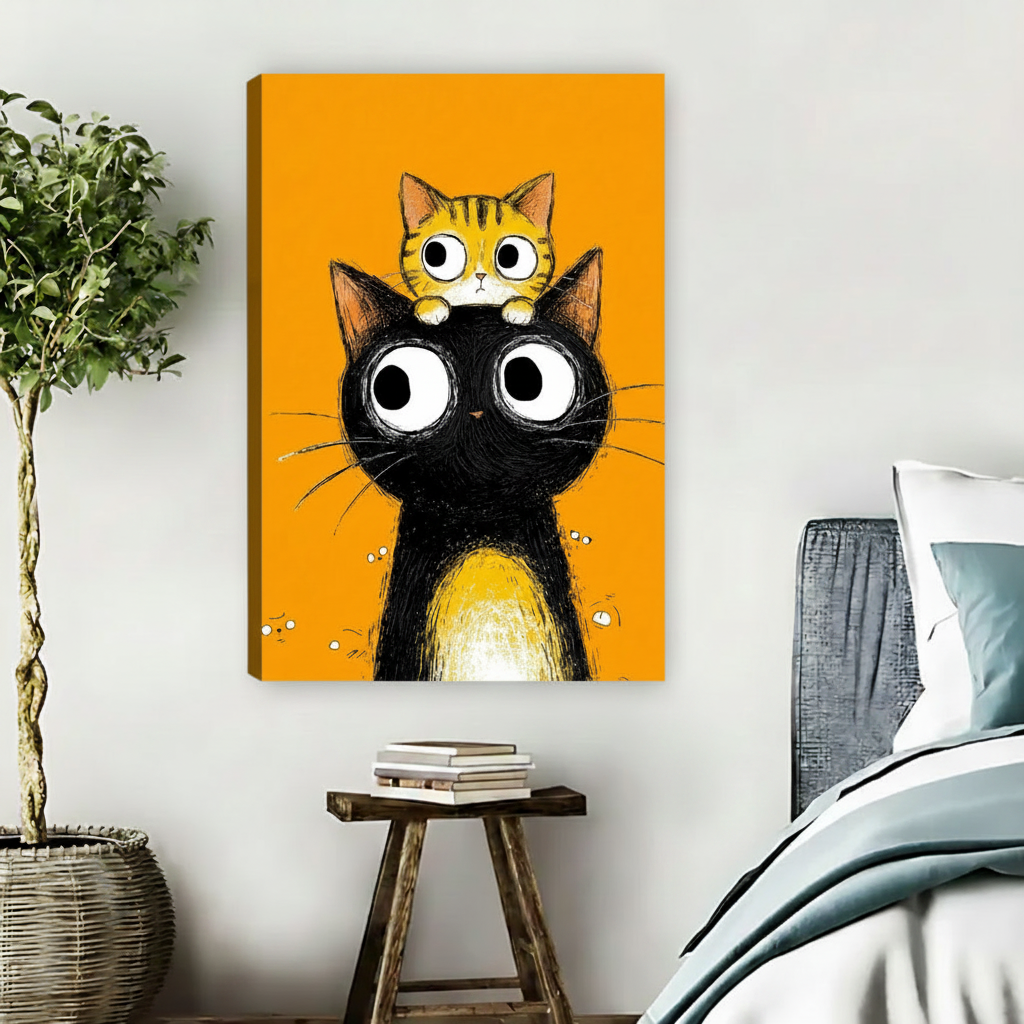 Cartoon cat duo canvas art print — wide-eyed black cat and striped kitten, vibrant orange bedroom wall decor