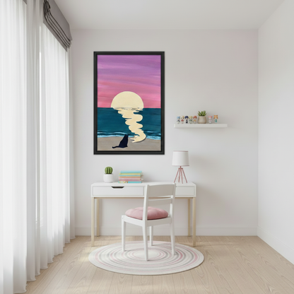 Minimalist cat sunset canvas print displayed in bedroom — dreamy ocean wall decor