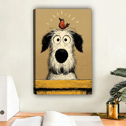 Whimsical illustration of shaggy dog with red cardinal bird on head — funny animal canvas print