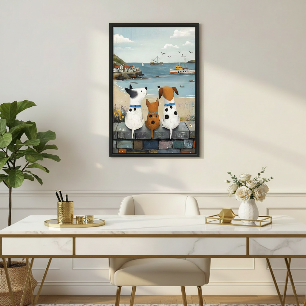 Folk art dogs watching harbor wall art print above sofa in living room, coastal beach home decor