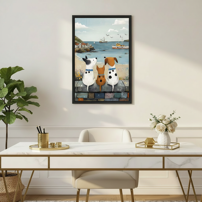 Folk art dogs watching harbor wall art print above sofa in living room, coastal beach home decor