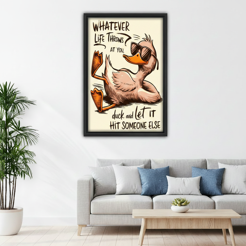 Humorous duck wall art print in cozy bedroom above bed, funny quote canvas decor for playful and lighthearted living space