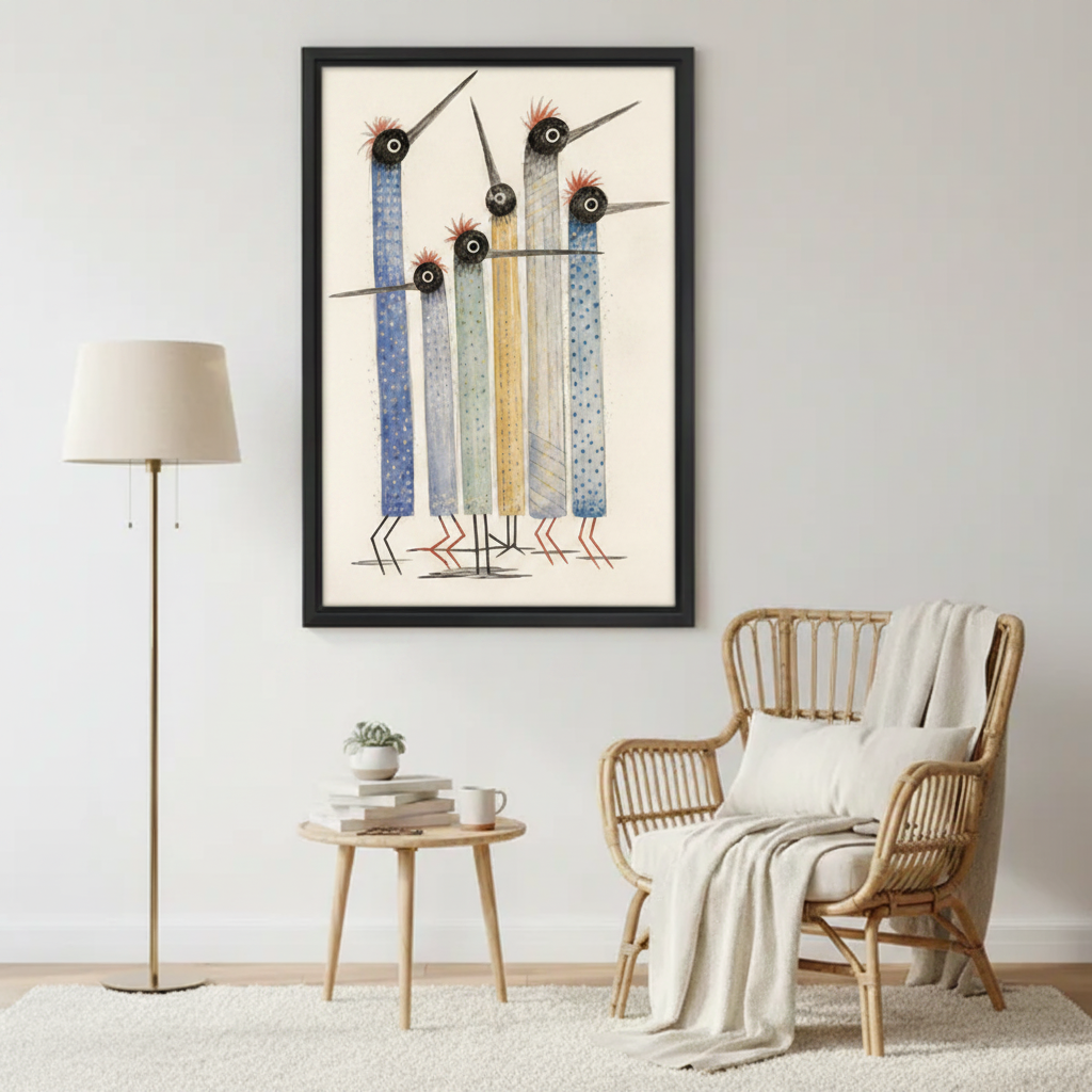 Quirky bird wall art print, abstract watercolor flock illustration in soft blue and yellow tones