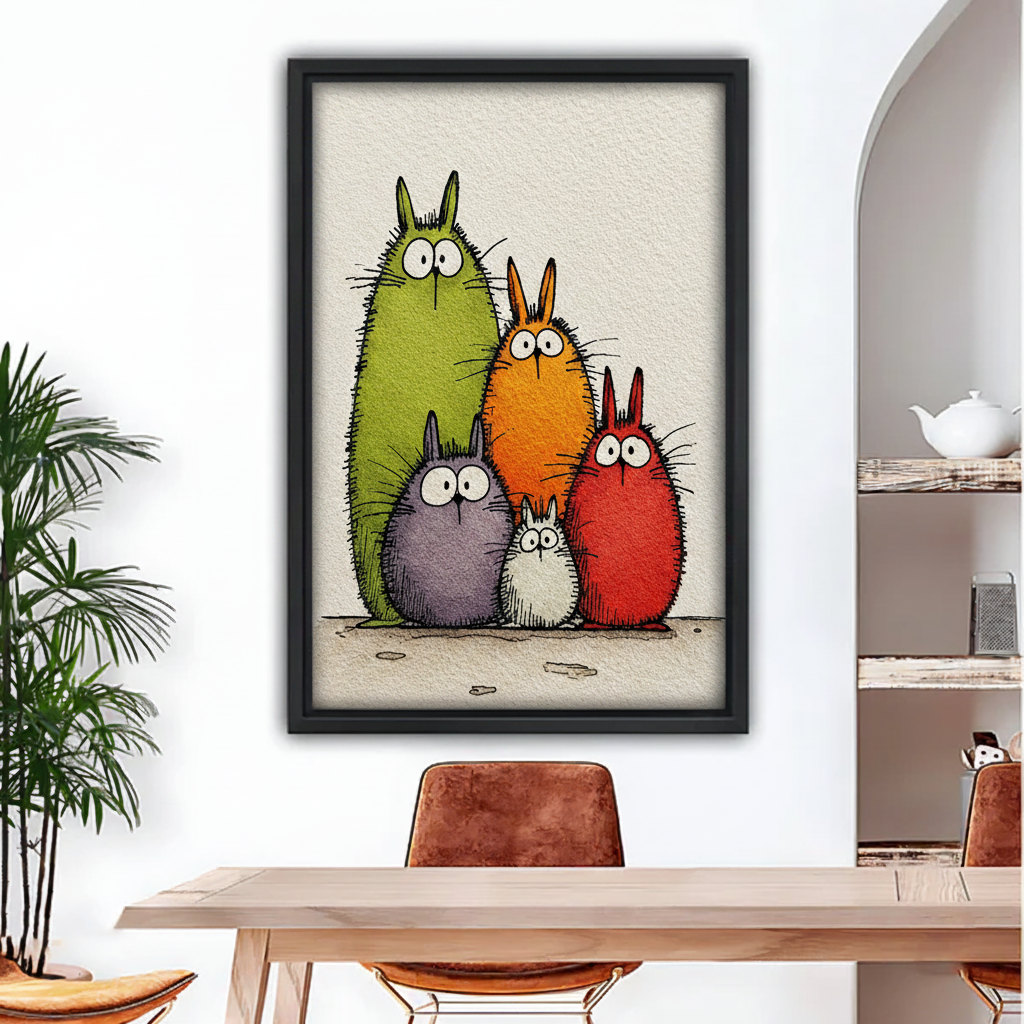 Whimsical cartoon rabbit family framed canvas wall art cream background
