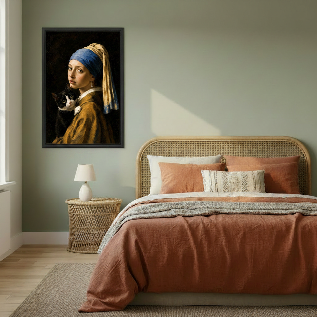Elegant Vermeer girl with cat portrait in black frame displayed above bedroom headboard