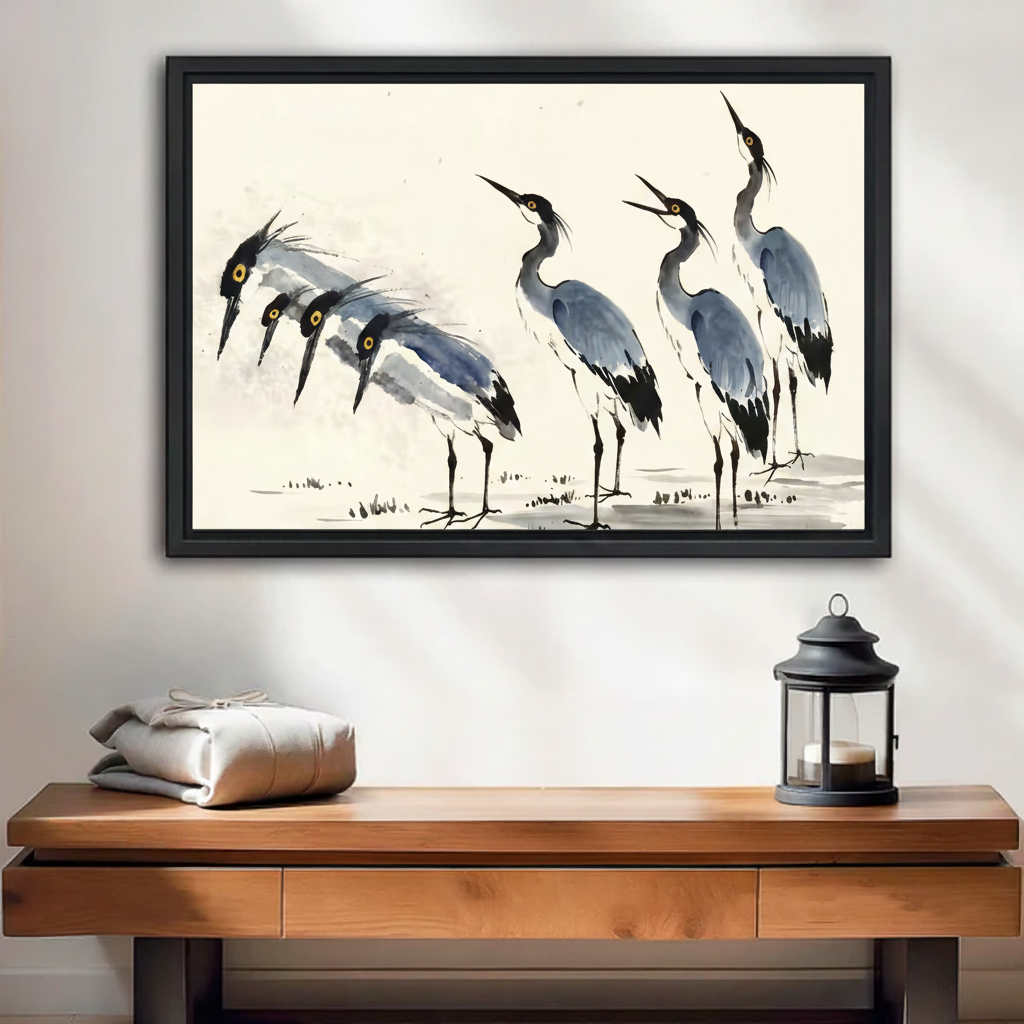Chinese ink heron wall art in black floating frame, five elegant blue-grey herons print hung above wooden console table with lantern