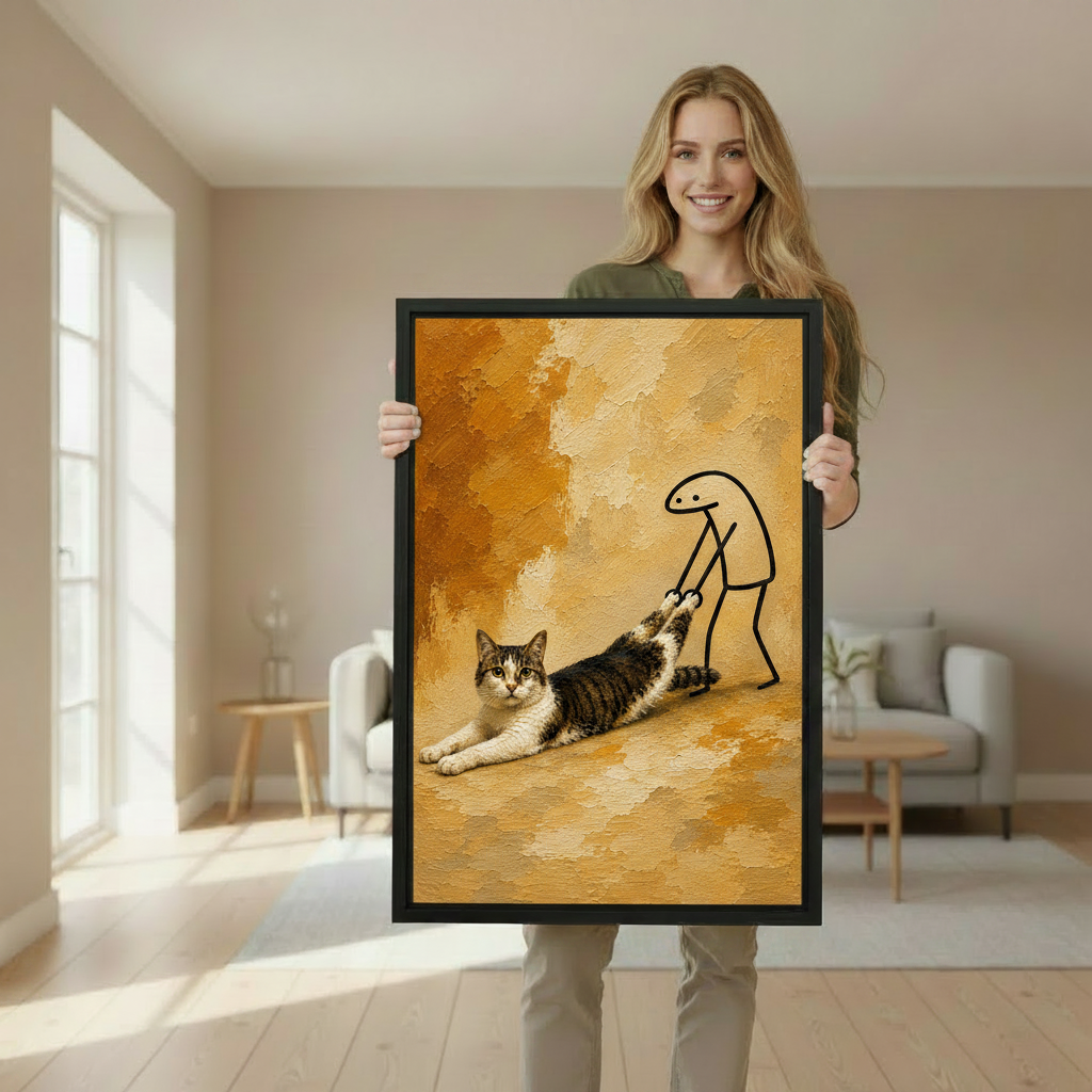Whimsical cat oil painting print – stubborn cat dragged by stick figure, framed wall art for bedroom or office, unique cat lover gift