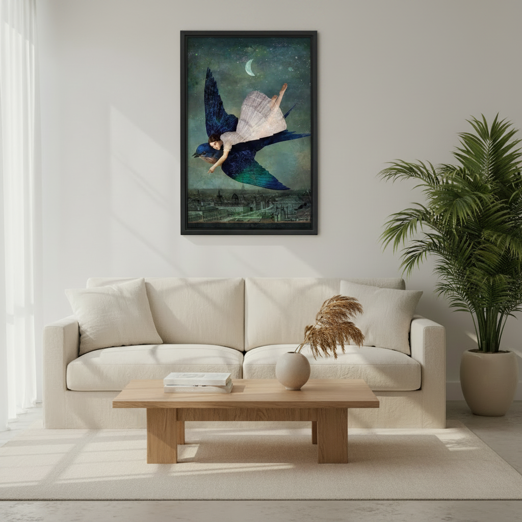 Whimsical moonlit wall art — elegant woman lying on a giant bluebird flying above city rooftops