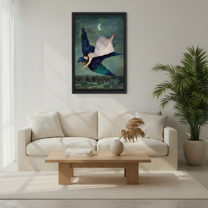 Whimsical moonlit wall art — elegant woman lying on a giant bluebird flying above city rooftops