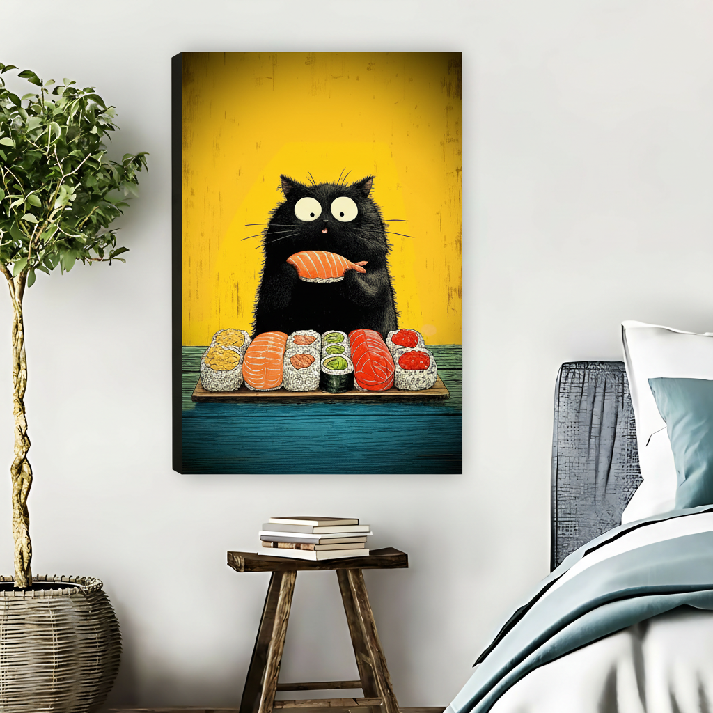 Funny Black Cat Sushi Lover Framed Canvas Wall Art| Liberty Signs #L1634