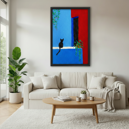 Black cat on blue red Mediterranean wall framed art print, black frame, bold color block style, hung above a cream sofa in a Scandinavian living room with indoor plants