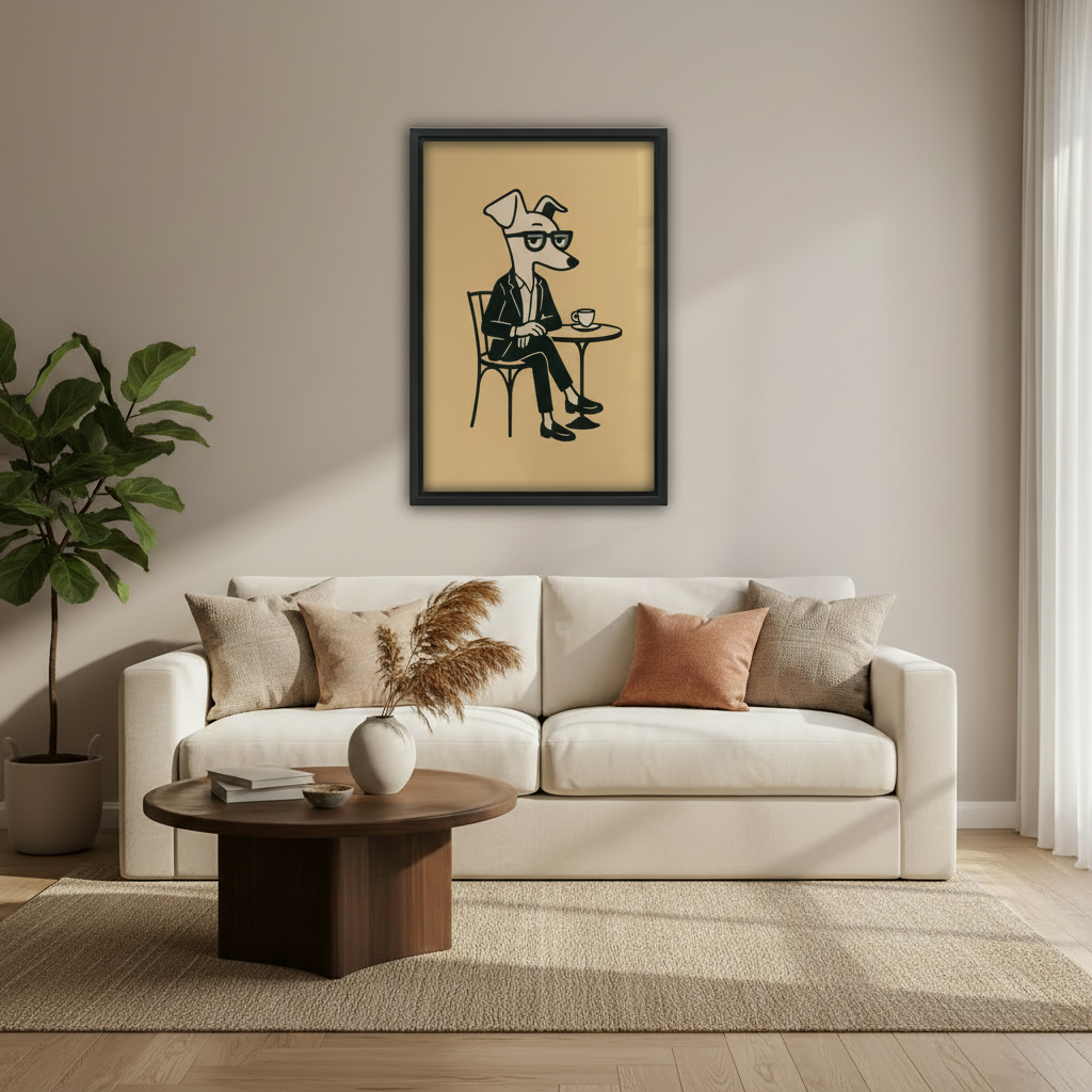 Sophisticated greyhound dog wearing suit and glasses at coffee table mustard yellow background mid-century wall art print in black frame above cream sofa with round dark wood coffee table and fiddle leaf fig
