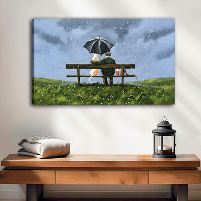 Old man and cat sharing umbrella in rain unframed gallery wrap canvas above wooden console table, emotional oil painting wall art