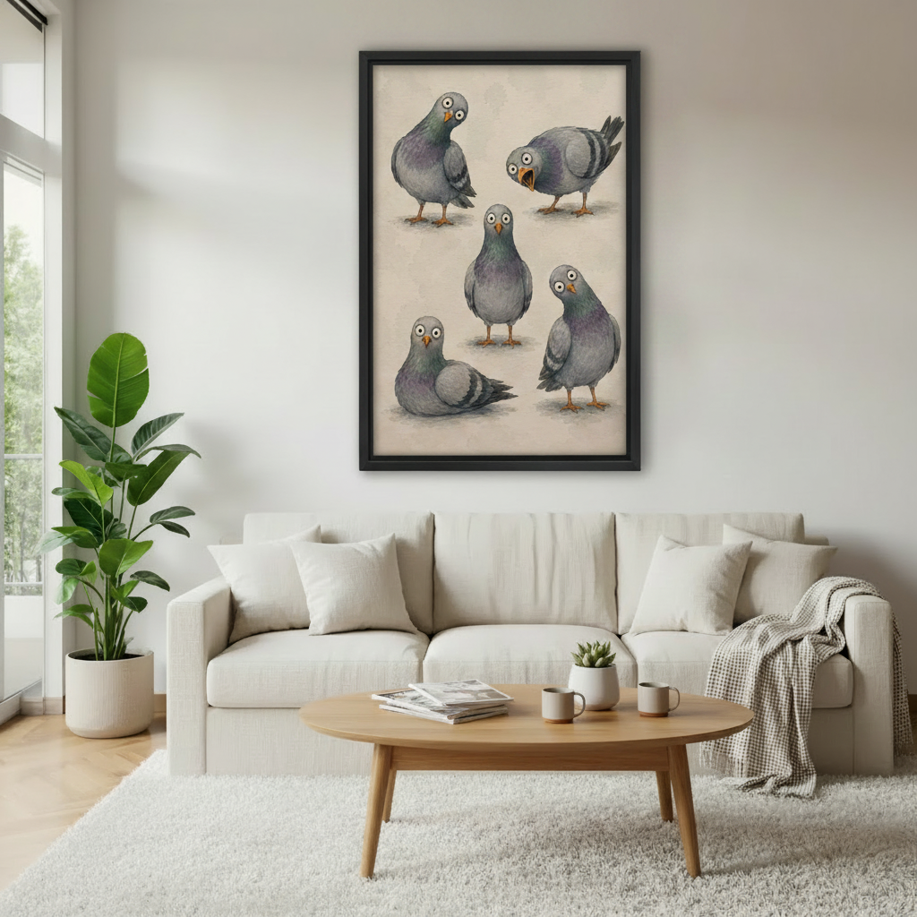  Funny pigeons five poses framed art print, black frame, whimsical vintage illustration on beige background, hung above a cream linen sofa in a bright Scandinavian living room with indoor plant