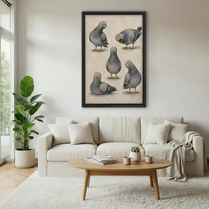  Funny pigeons five poses framed art print, black frame, whimsical vintage illustration on beige background, hung above a cream linen sofa in a bright Scandinavian living room with indoor plant