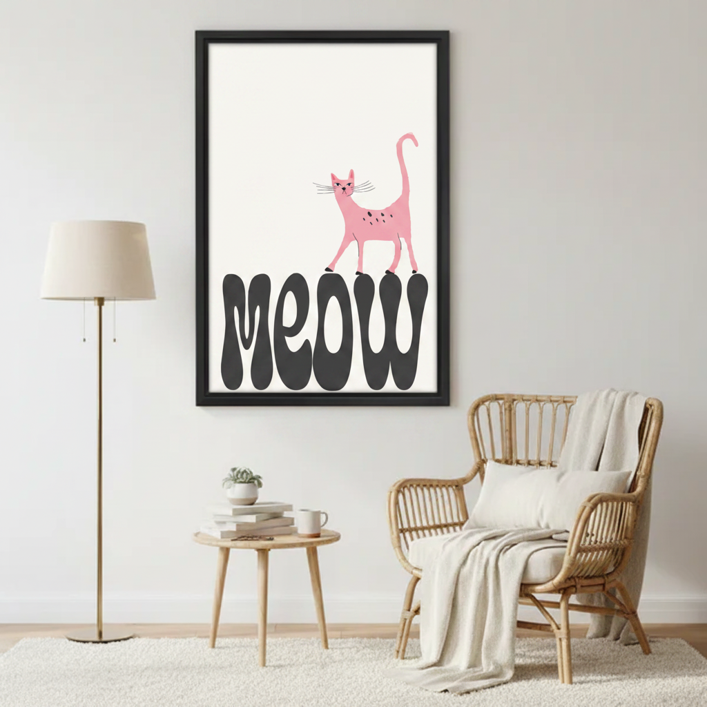 Cute pink cat meow retro typography wall art print in black frame beside rattan armchair with cream throw and gold floor lamp in cozy reading nook