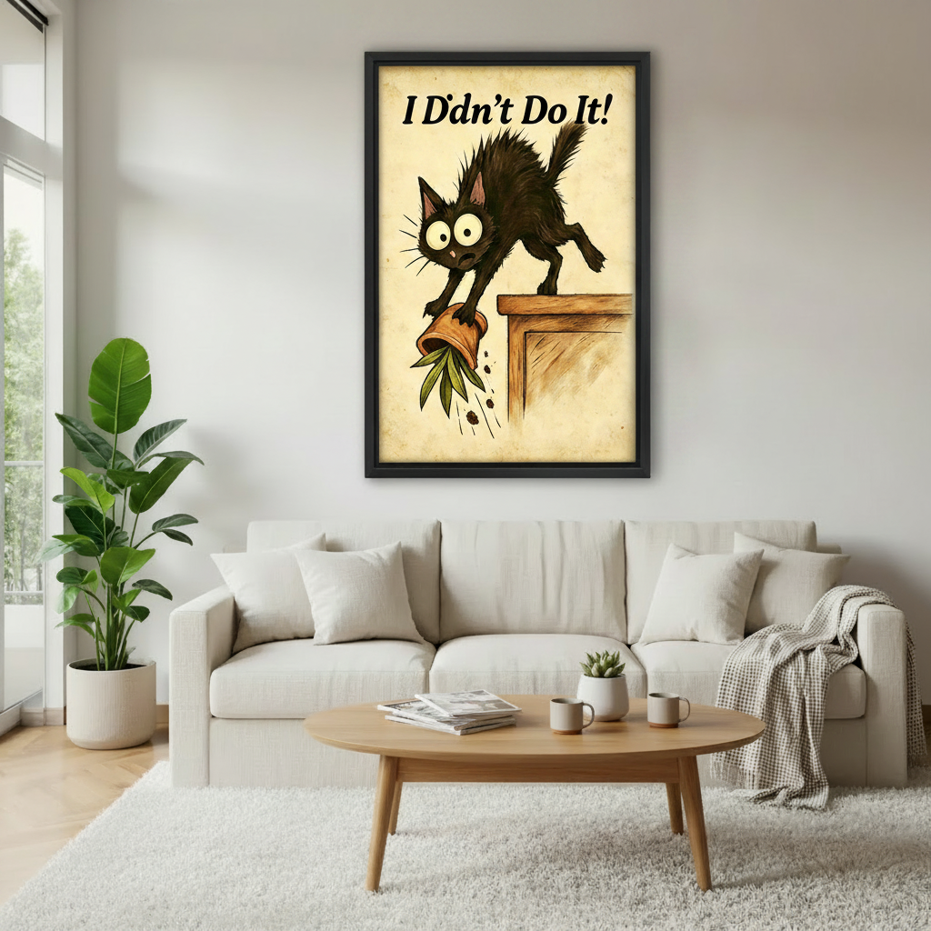 Framed black cat quote wall art above white sofa, funny guilty cat knocking over plant with "I Didn't Do It" text, living room canvas decor
