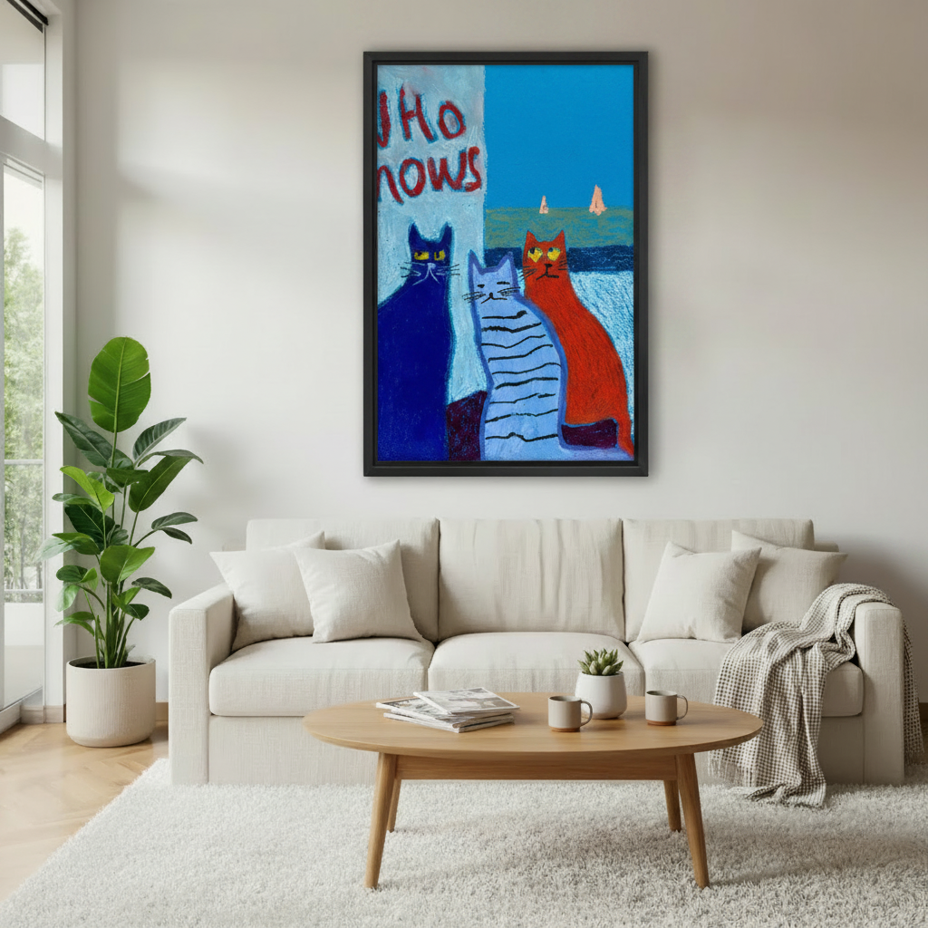 Three cats "Who Knows" framed art print, black frame, bold blue oil painting with sailboat ocean scene, hung above a cream sofa in a Scandinavian living room with indoor plants
