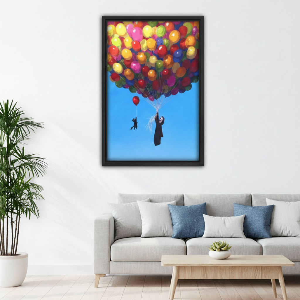 Funny grim reaper and black cat colorful balloon framed art print, black frame, vibrant oil painting blue sky, hung above a grey linen sofa in a bright Scandinavian living room with indoor plant