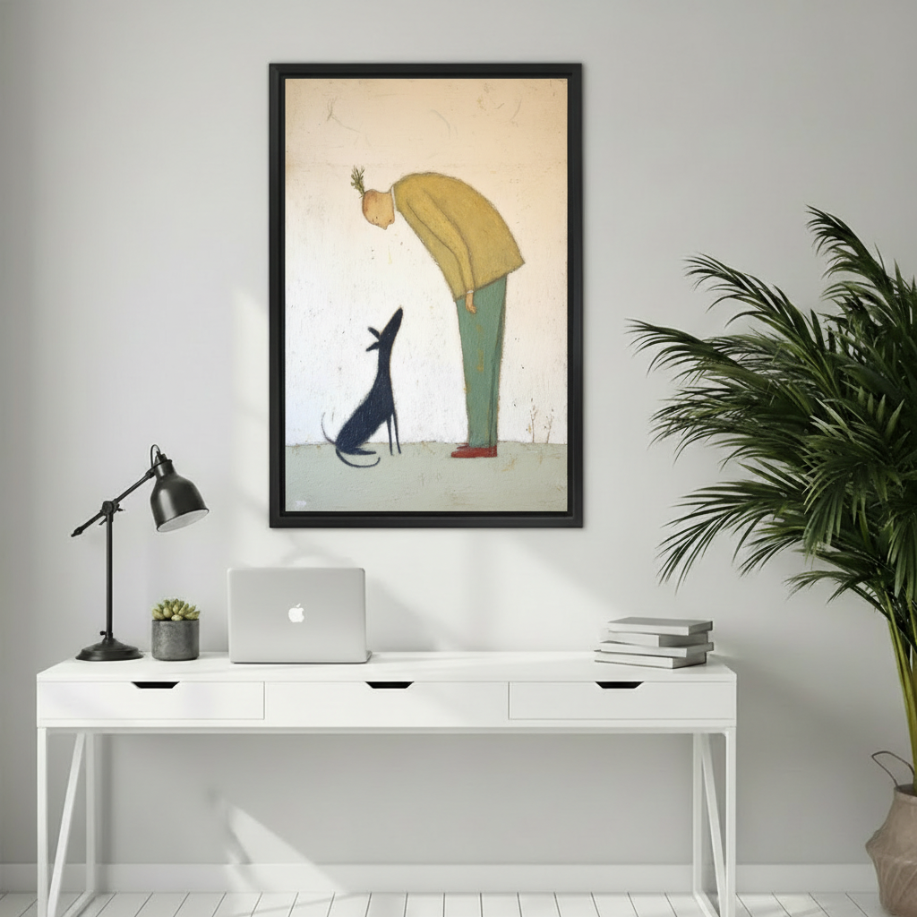 Whimsical man bending to black greyhound dog minimalist illustration wall art print in black frame above white desk with black lamp MacBook and succulent plant in minimalist home office
