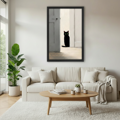Mysterious black cat glowing green eyes sitting in sunlit white doorway minimalist wall art print in black frame above cream sofa with oval oak coffee table and succulent plant in Scandinavian living room