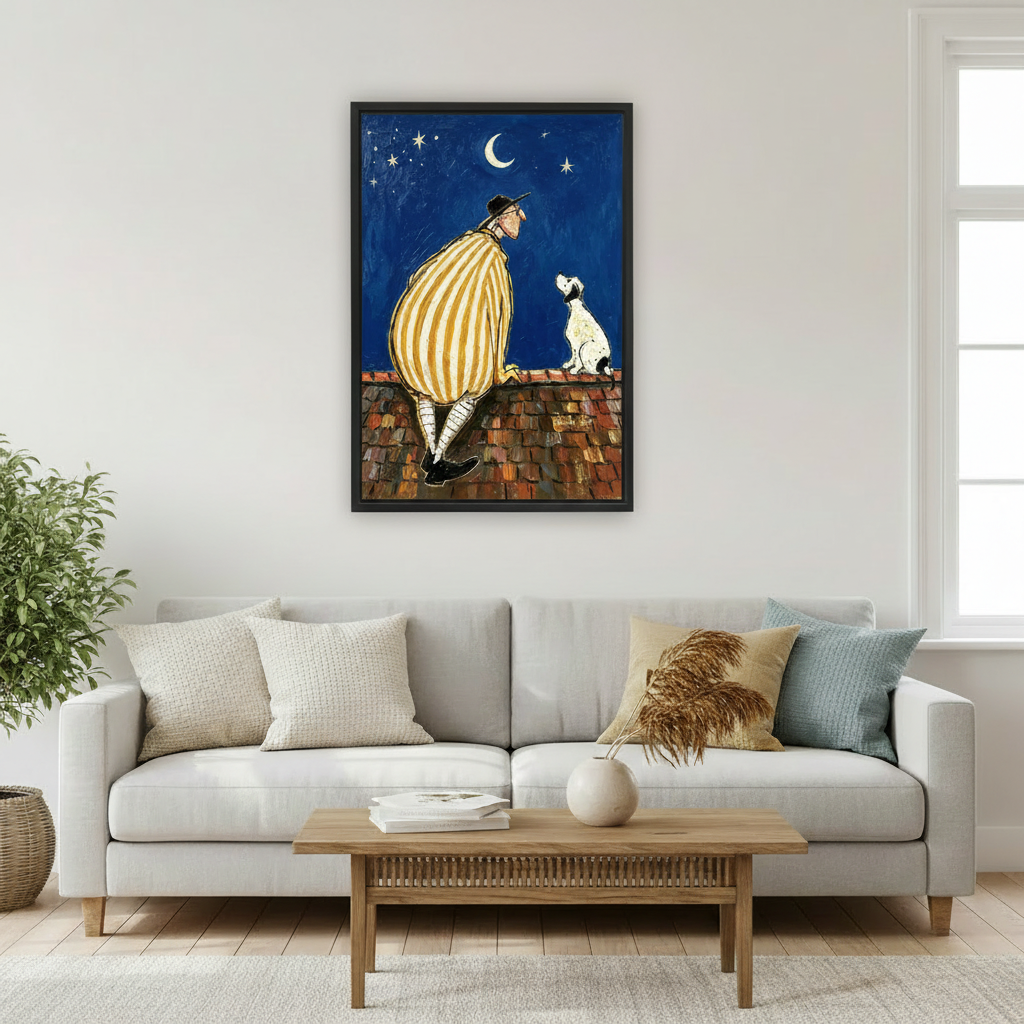Whimsical man in yellow striped coat and white dog sitting on rooftop under crescent moon wall art print in black frame above light grey sofa with oak coffee table and pampas grass vase
