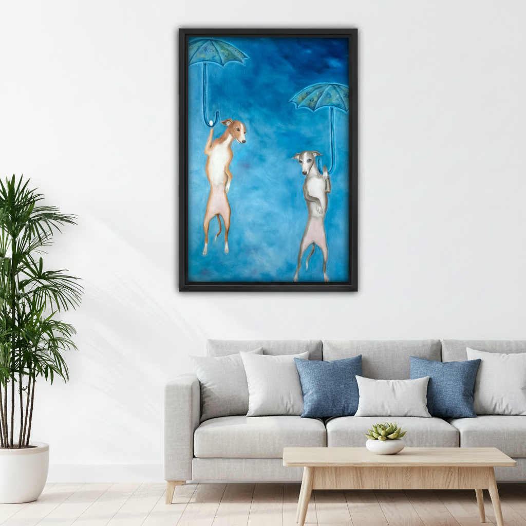 Framed greyhound art print, two whippets with umbrellas on vibrant blue sky, Scandinavian living room wall decor