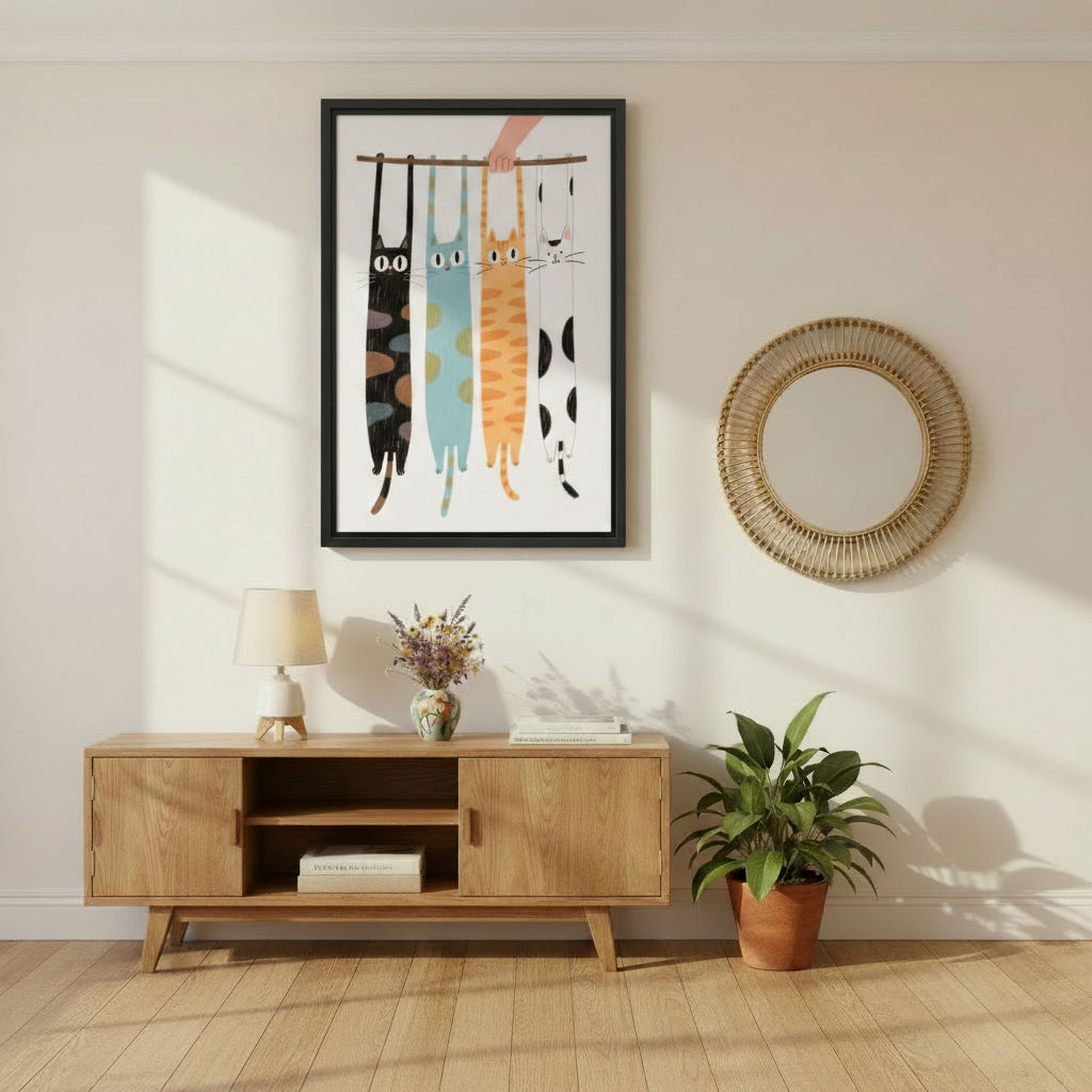 Funny four cats clinging to branch stretched body illustration wall art print in black frame above oak media console with lavender vase and rattan round mirror in Scandinavian living room