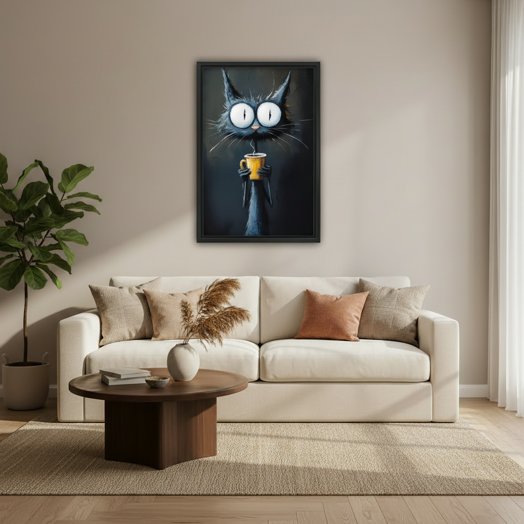 Mysterious black cat holding steaming yellow coffee cup dark moody oil painting wall art print in black frame above cream sofa with dark round coffee table pampas grass vase and fiddle leaf fig in modern living room