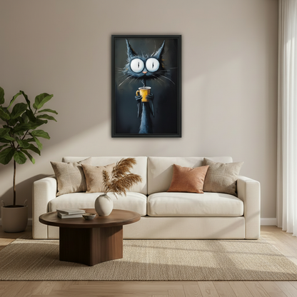 Mysterious black cat holding steaming yellow coffee cup dark moody oil painting wall art print in black frame above cream sofa with dark round coffee table pampas grass vase and fiddle leaf fig in modern living room