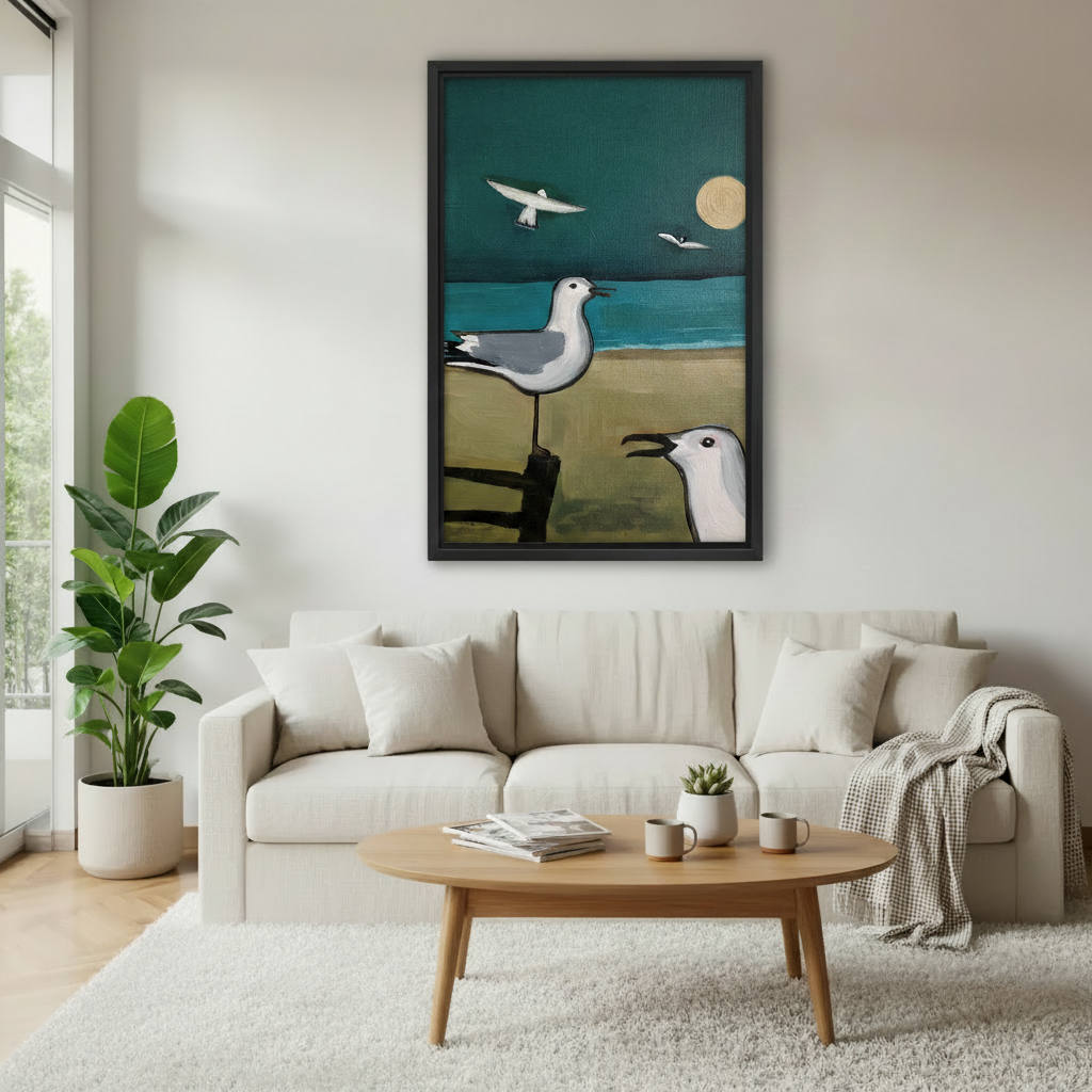 Framed seagull wall art above sofa, moody coastal bird scene with teal sky and golden moon, living room beach canvas decor

