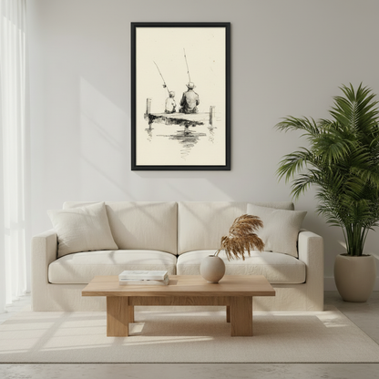 Father and child fishing on wooden pier charcoal sketch wall art print in black frame above cream sofa with oak coffee table and pampas grass vase in minimalist living room