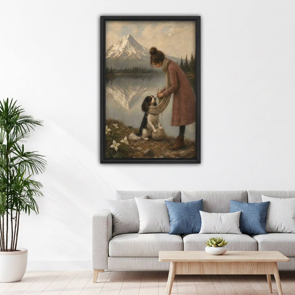 Vintage Woman and Dog by Mountain Lake Canvas Wall Art | Framed & Unframed l4932