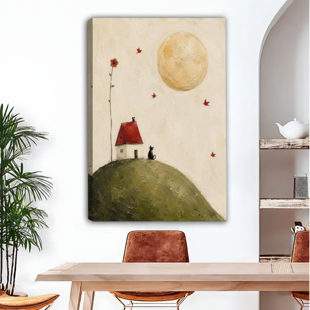 Whimsical moon and black cat canvas art print on white wall, cozy cottage folk art decor for living room or bedroom