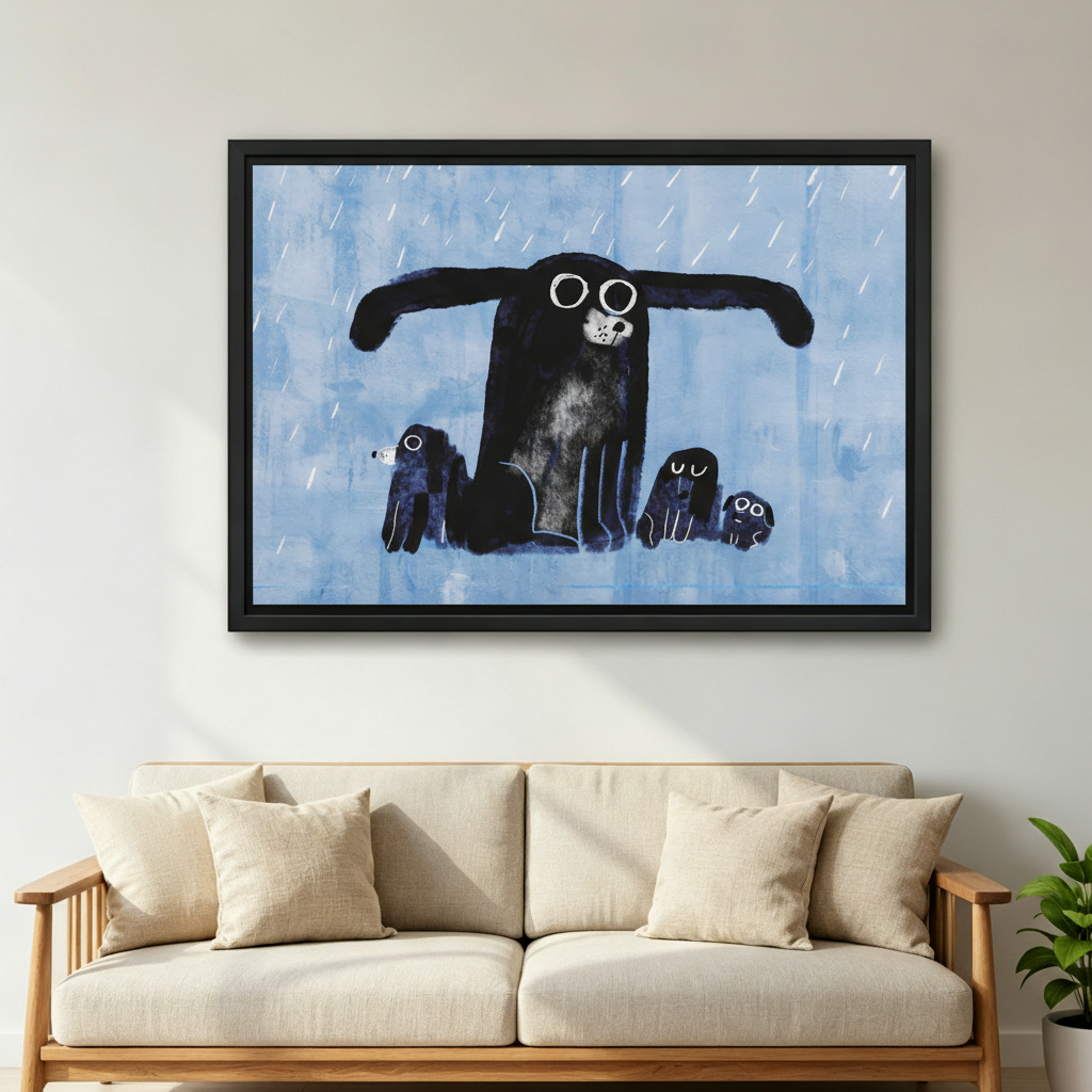 Dog protecting puppies in rain canvas wall art close-up — touching pet family illustration ideal for hallway or living room