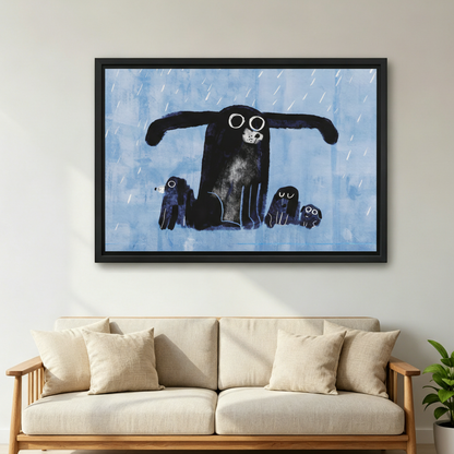 Dog protecting puppies in rain canvas wall art close-up — touching pet family illustration ideal for hallway or living room