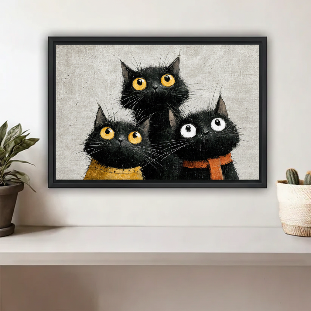 Three funny black cats with big eyes canvas wall art, oil painting style