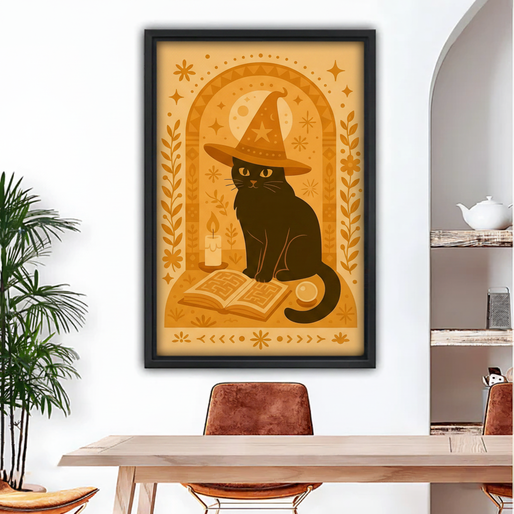 Mystical black cat witch hat folk art framed wall art print hanging above dining table, warm golden boho illustration