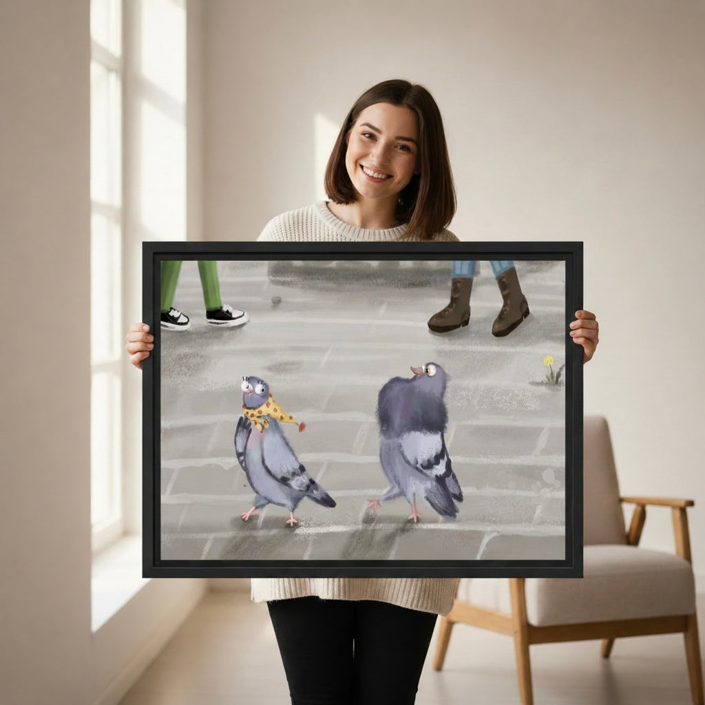 Woman holding large whimsical city pigeons canvas print, funny bird wall art, charming eclectic home decor gift idea