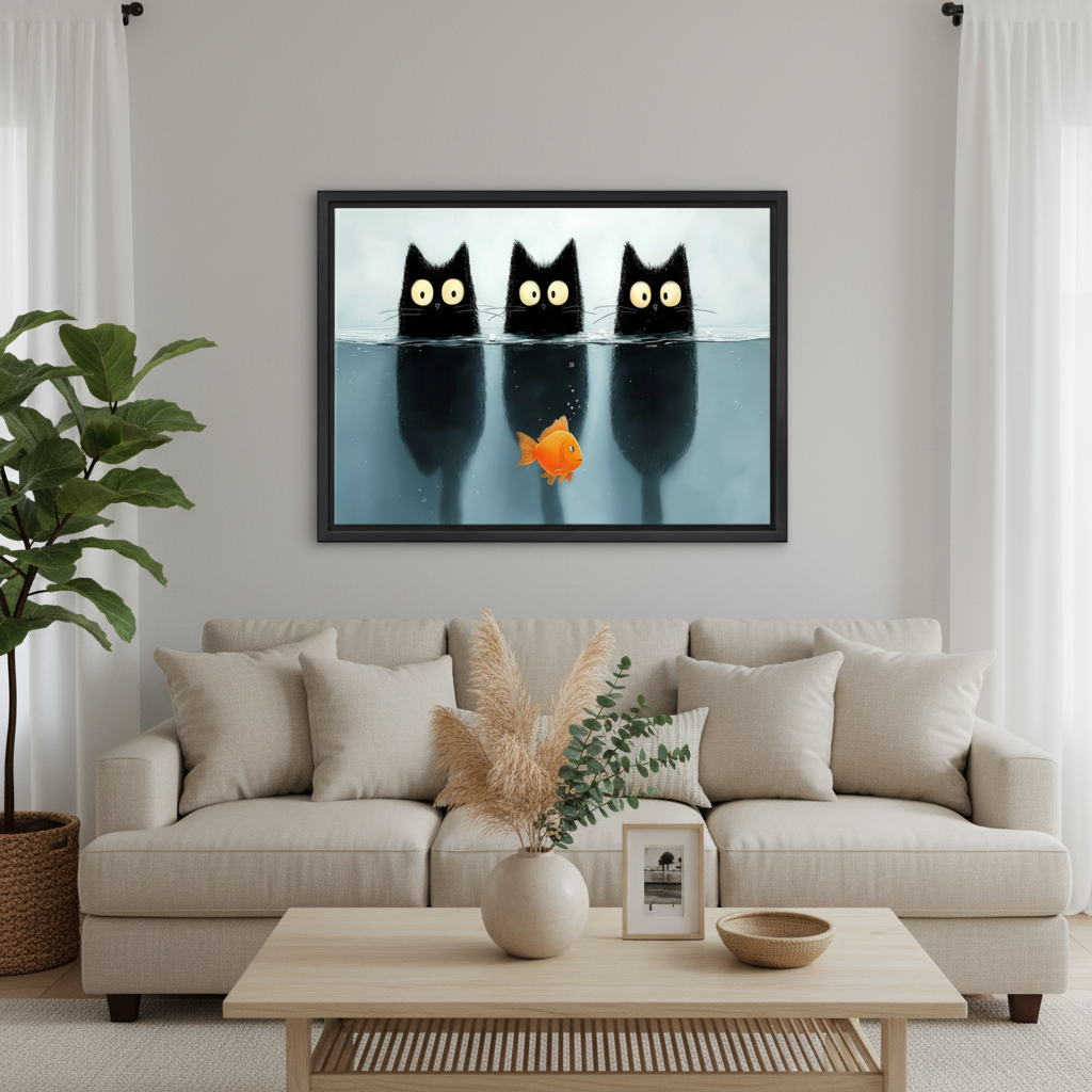 Three Black Cats Goldfish Underwater Funny Wall Art l2002