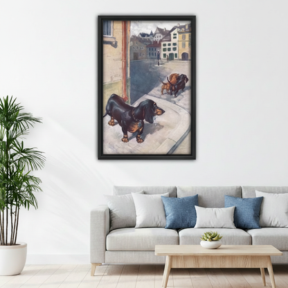 Vintage dachshund European street framed print above living room sofa, retro dog wall art for modern home decor